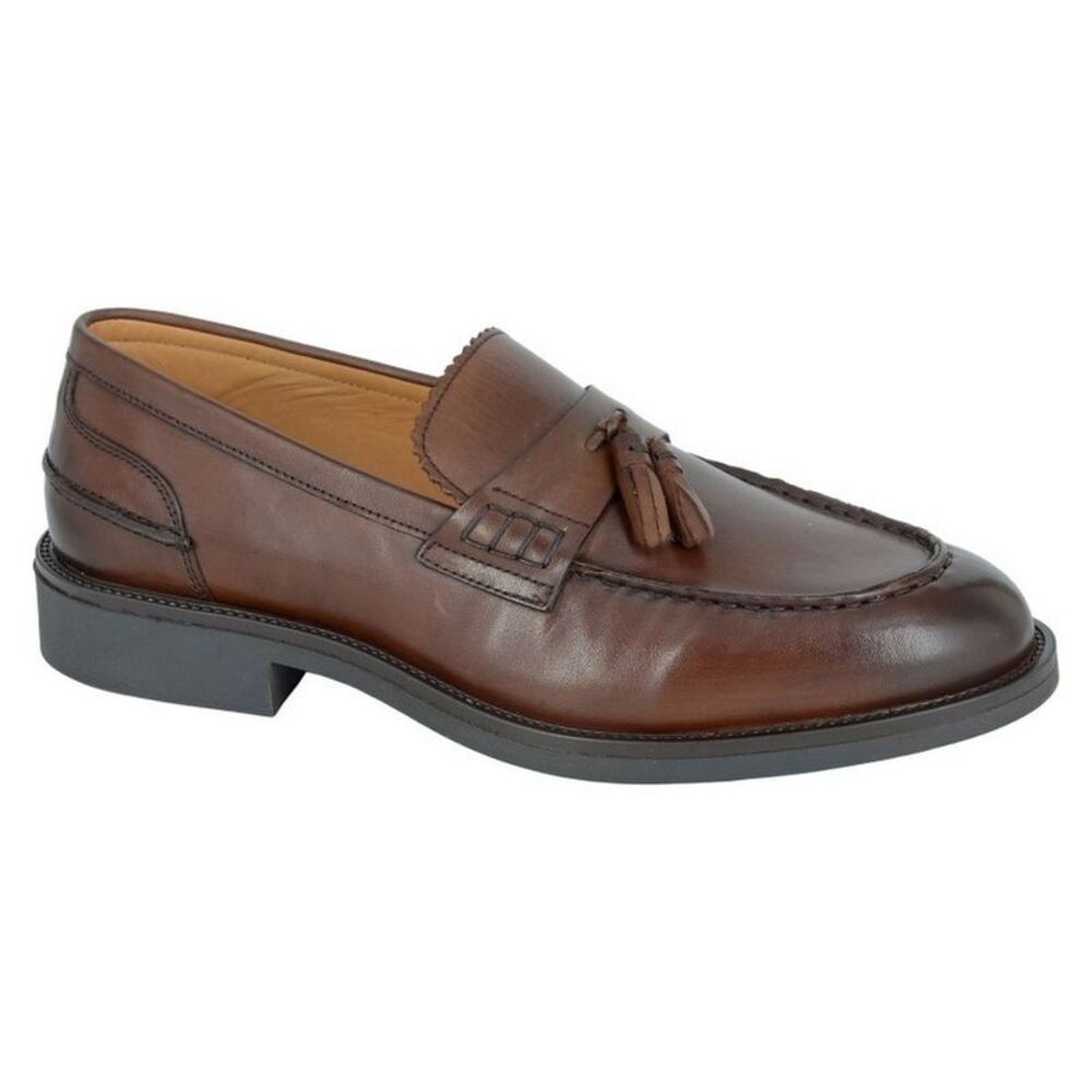 Roamers Mens Tassel Leather Saddle Loafers / Mid Brown